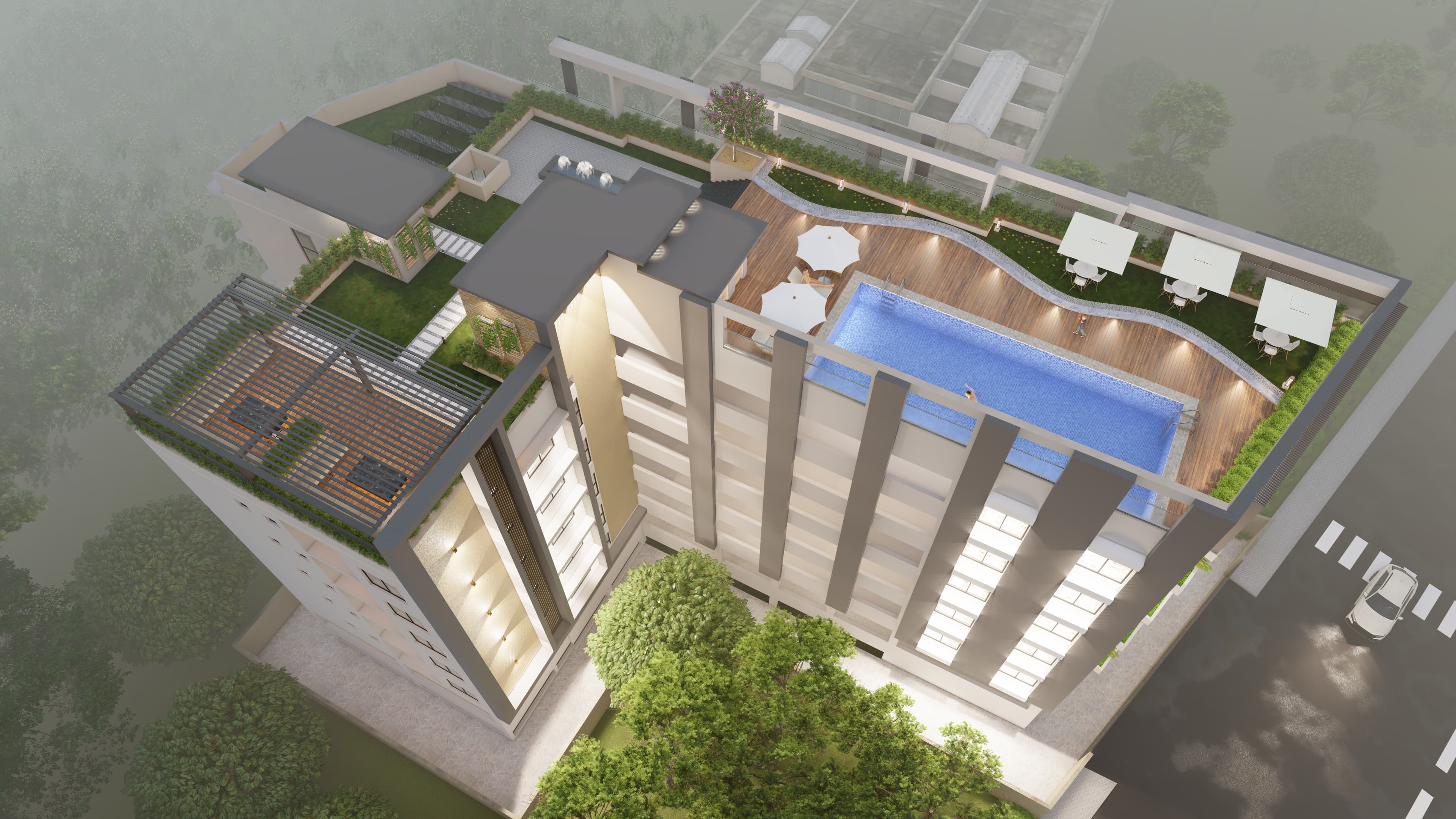 Rooftop swimming pool aerial view