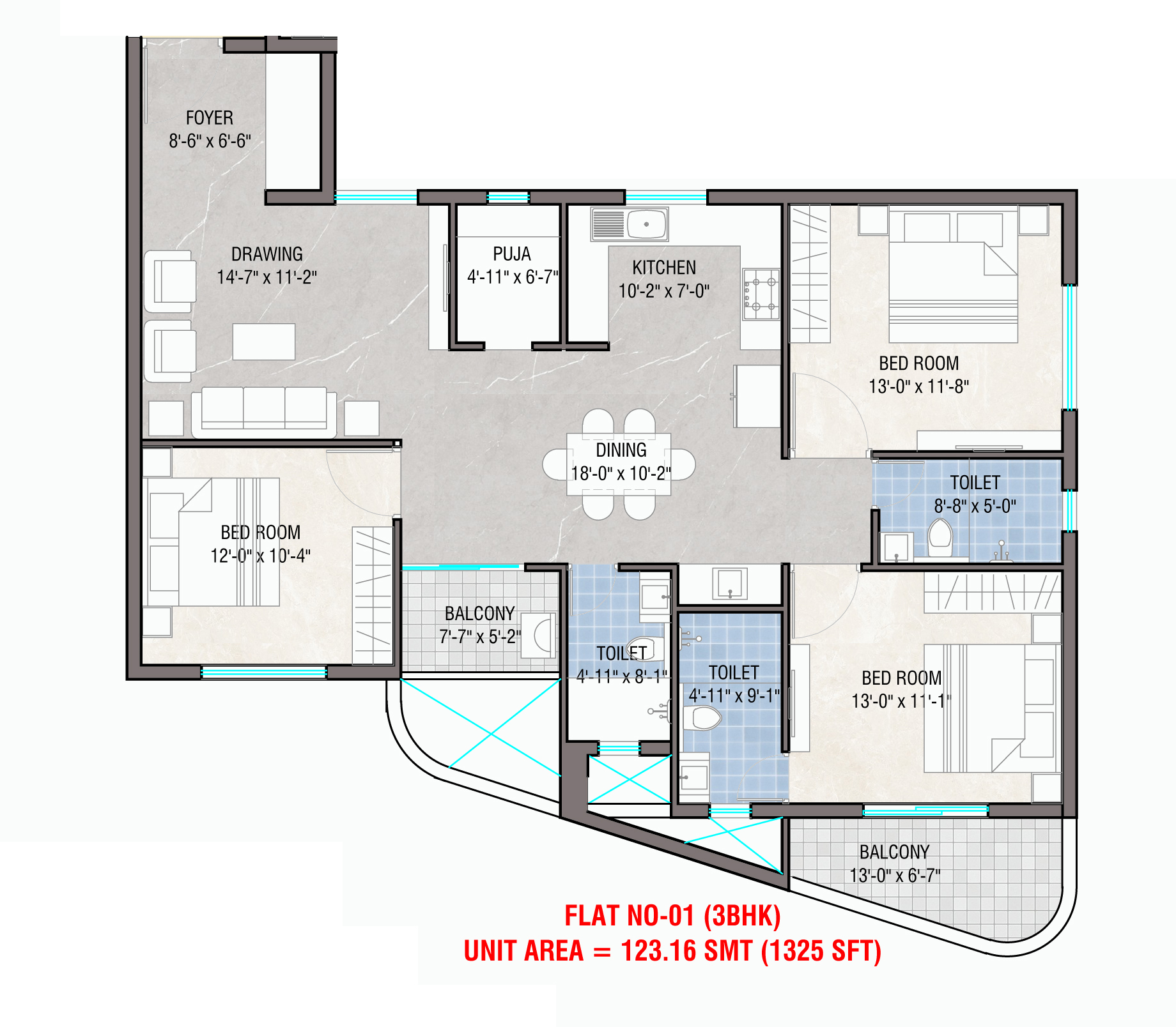 Flat 01 3BHK floor plan
