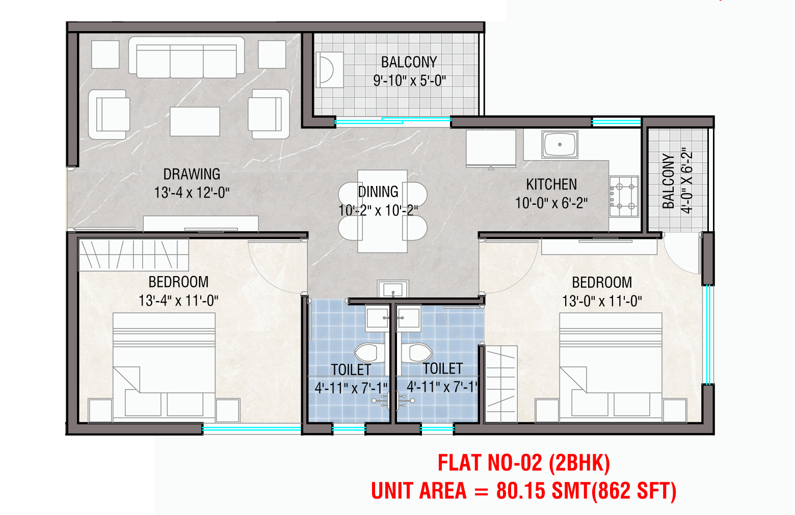 Flat 02 2BHK floor plan